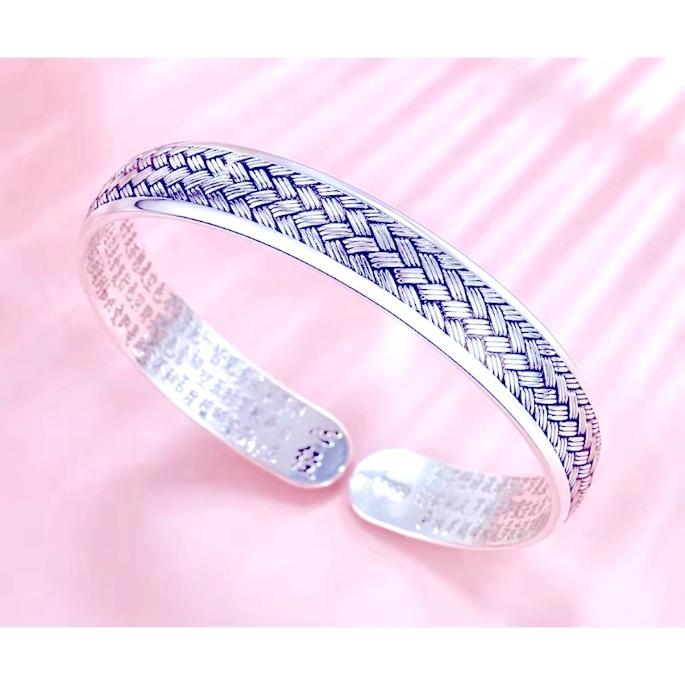 Unisex Braided Pure 999 Silver Buddhist Mantra Cuff‎ Bracelet, Adjustable